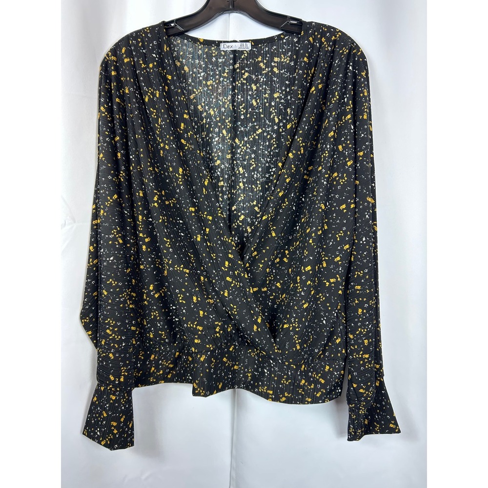 Dex Office wear Black Yellow Abstract Plisse Surplice V-Neck Blouse Top XL
